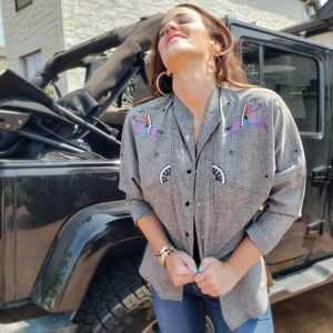 Vintage Chambray Gray Western Beaded Dolman Sleeve Blouse